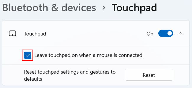 Leave touchpad on when a mouse is connected option in Windows 11