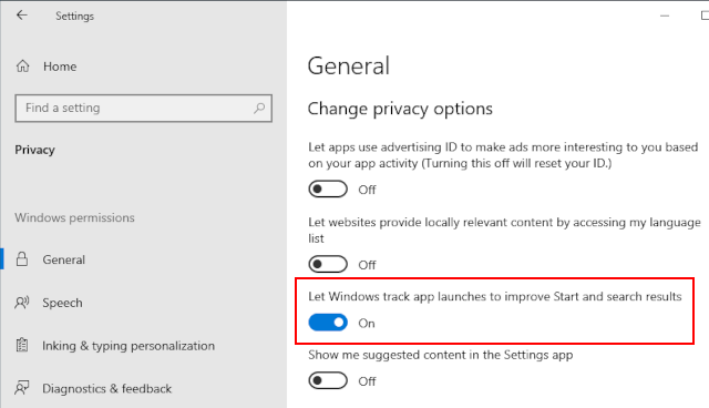 Let Windows track app launches to improve Start and search results setting