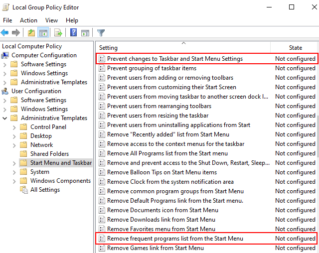 Local Group Policy Editor Start Menu and Taskbar