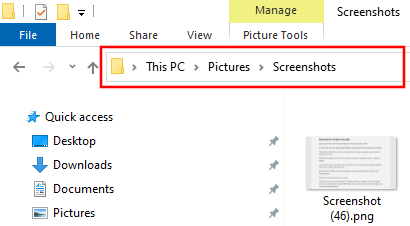 Location of the screenshots folder in Windows 10