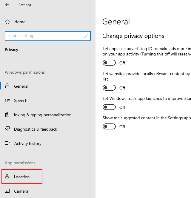 Location settings in Windows 10