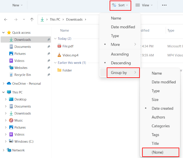 Faire en sorte que l'Explorateur de fichiers cesse de regrouper les fichiers par date dans Windows 11