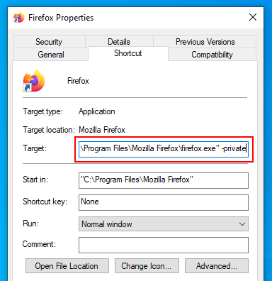 Make Firefox always open in private browsing mode