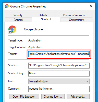 Make Google Chrome always open in incognito mode