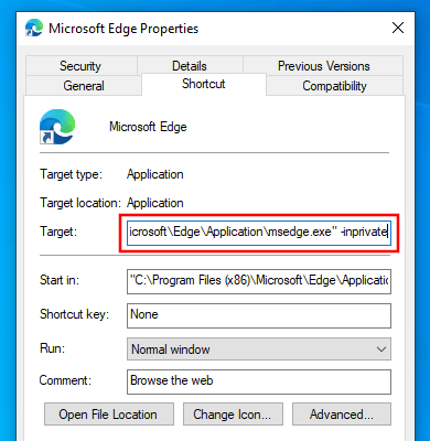 Make Microsoft Edge always open in private browsing mode