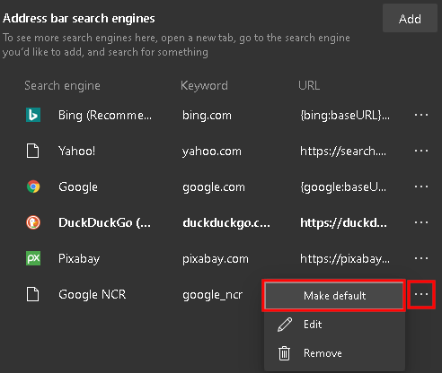 Make search engine default in Edge