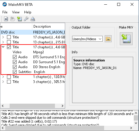 MakeMKV title and track selection