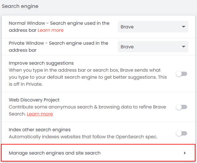 Manage search engines and site search in Brave browser