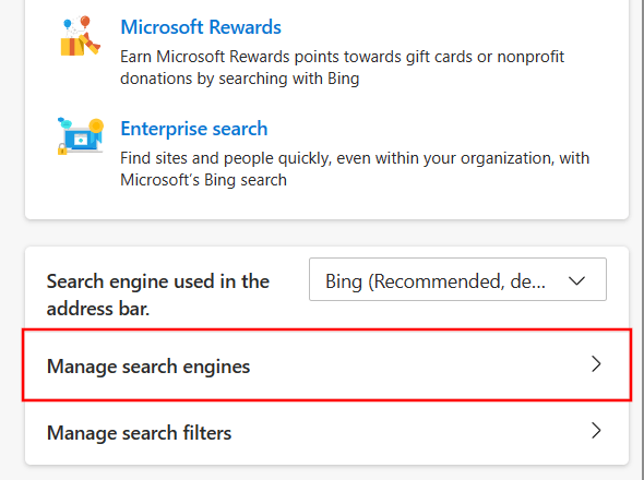 Manage search engines in Edge