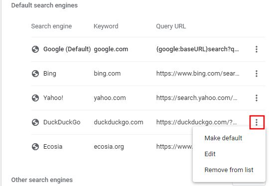 Manage search engines in Google Chrome