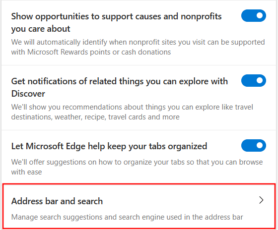 Microsoft Edge Address bar and search settings