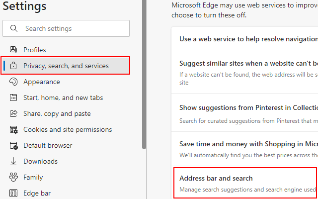 Microsoft Edge address bar and search settings