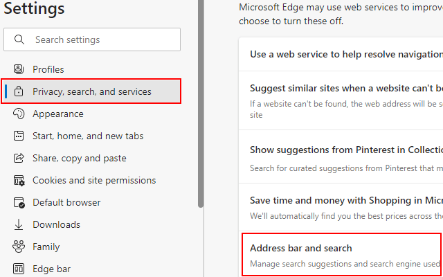 Barre d'adresse et paramètres de recherche Microsoft Edge