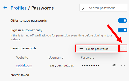 Microsoft Edge Export passwords option