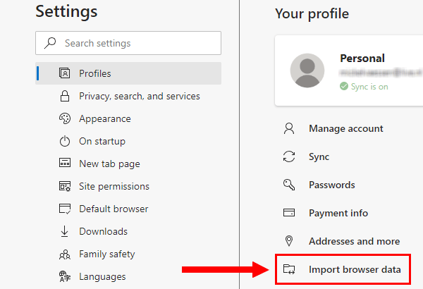 Microsoft Edge Import browser data option