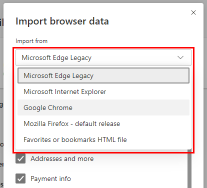 Microsoft Edge Import browser data window