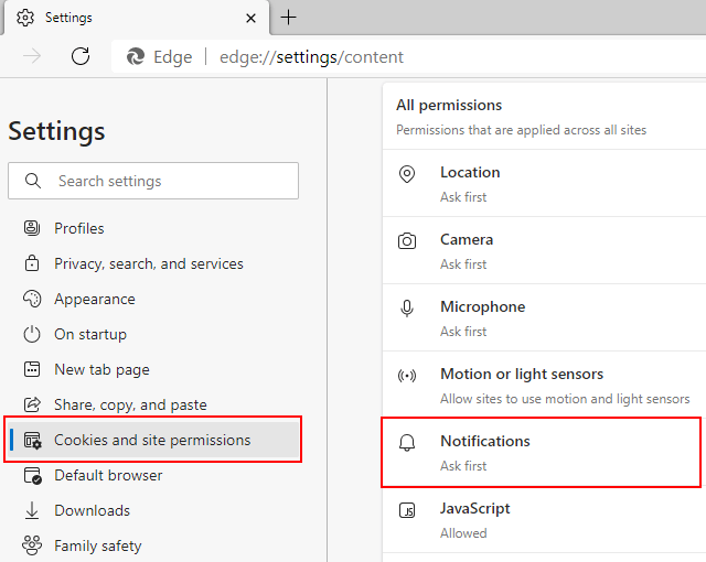 Microsoft Edge notifications settings