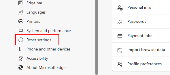 Microsoft Edge reset settings