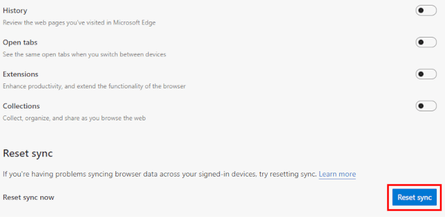 Microsoft Edge Reset sync button
