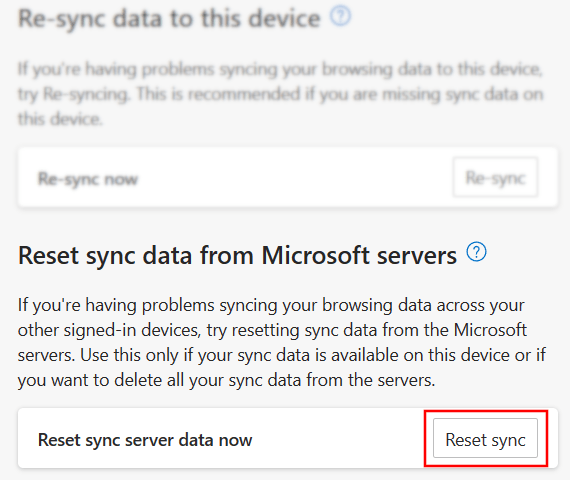 Microsoft Edge Reset sync button