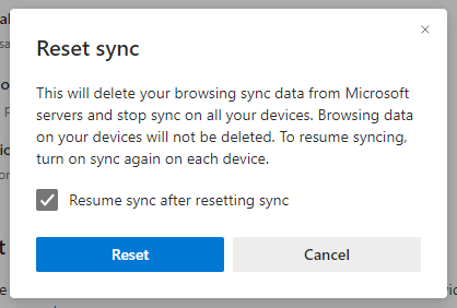 Microsoft Edge Reset sync window