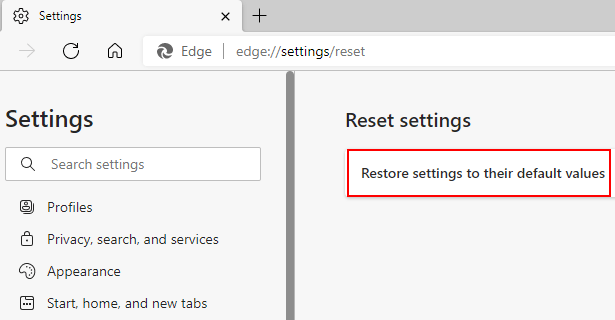 Microsoft Edge Restore settings to their default values