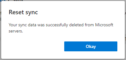 Microsoft Edge sync data successfully deleted from Microsoft servers message