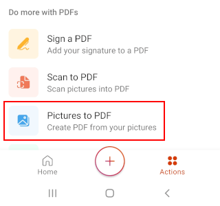 Microsoft Office app Pictures to PDF button