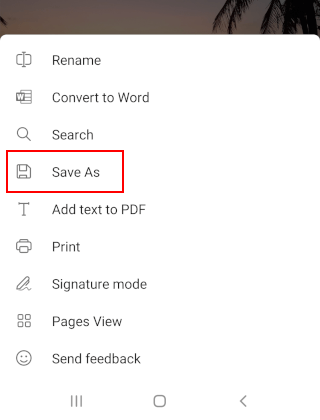 Microsoft Office app Save As option