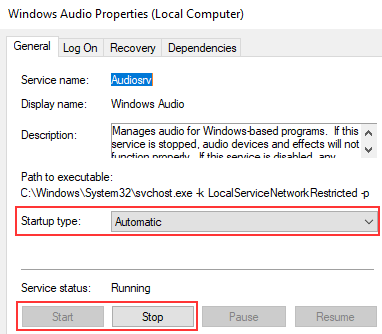 Microsoft Windows Audio service properties