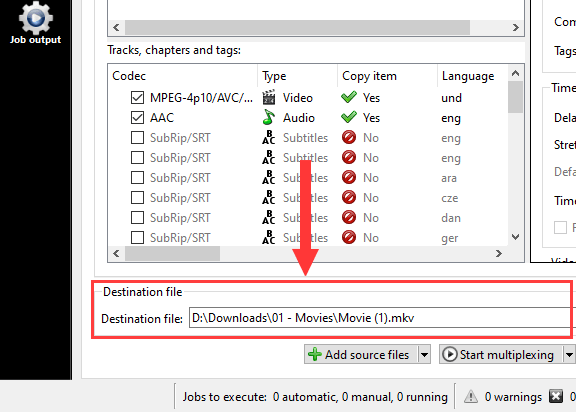 MKVToolNix Destination file section