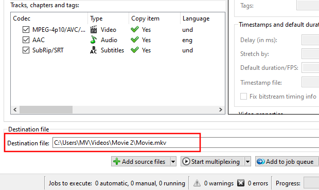 MKVToolNix Destination file section