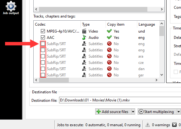 MKVToolNix uncheck subtitles