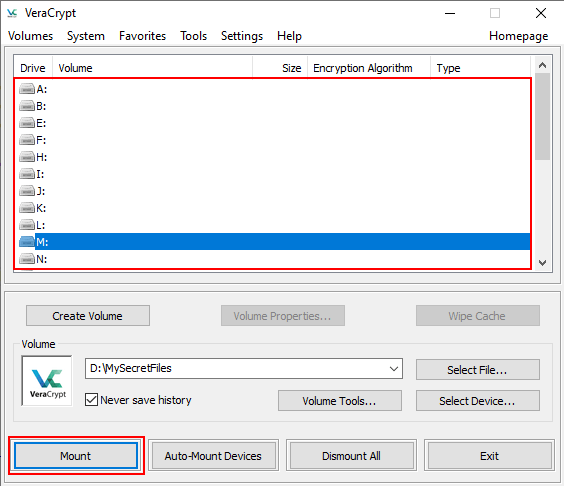 Mount an encrypted volume in VeraCrypt
