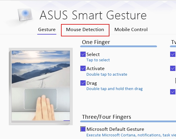 Mouse Detection settings in ASUS Smart Gesture