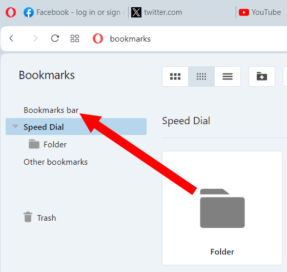 Move folder to bookmarks bar in Opera