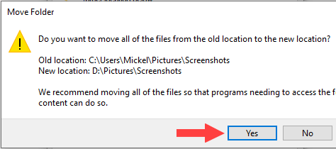 Move folder warning in Windows 10