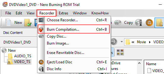 Nero Burning Rom Burn Compilation menu entry