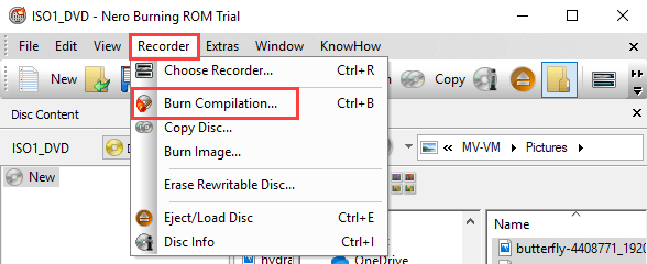 Nero Burning Rom Burn Compilation menu entry