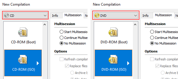 Nero Burning Rom CD-ROM (ISO) and DVD-ROM (ISO) options