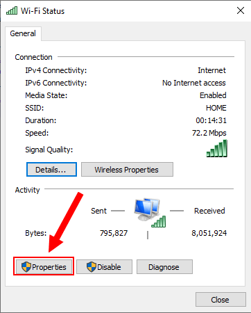 Network properties in Windows