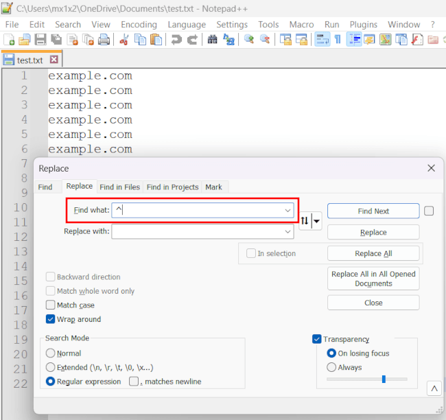 Notepad++ Replace dialog Find what field