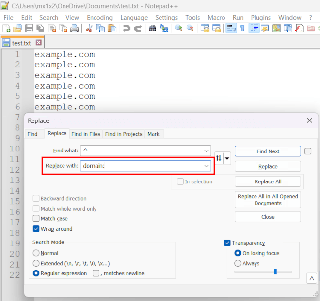 Notepad++ Replace dialog Replace with field