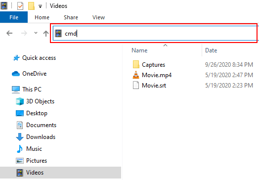 Open a Command Prompt window in a folder in Windows 10 File Explorer