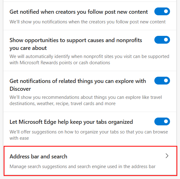 Open address bar and search settings in Edge