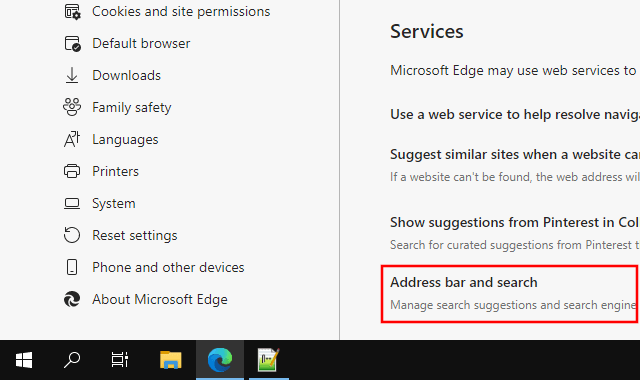 Open address bar and search settings in Microsoft Edge