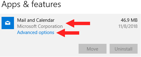 Open advanced options for the Mail and Calendar app in Windows 10