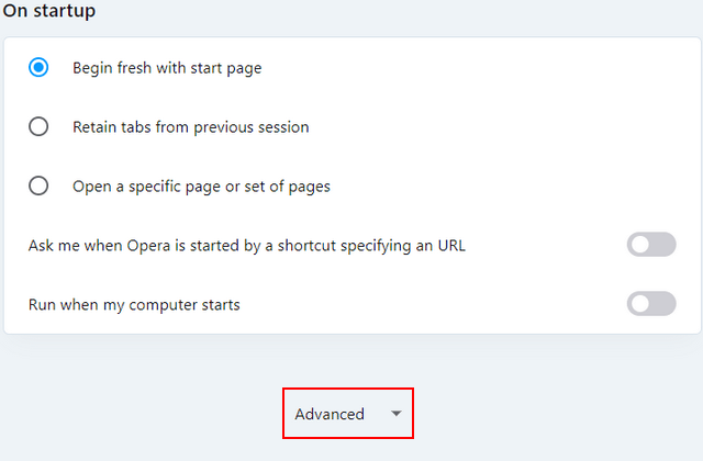 Open advanced settings in Opera browser