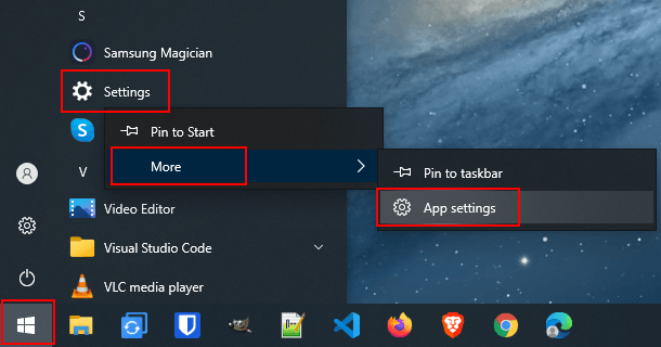 Open app settings of the Settings app in Windows 10