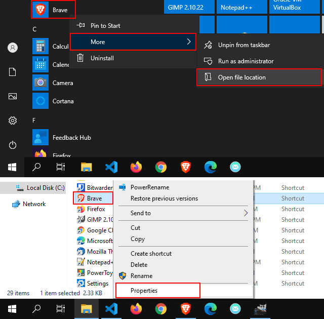 Open Brave start menu shortcut properties